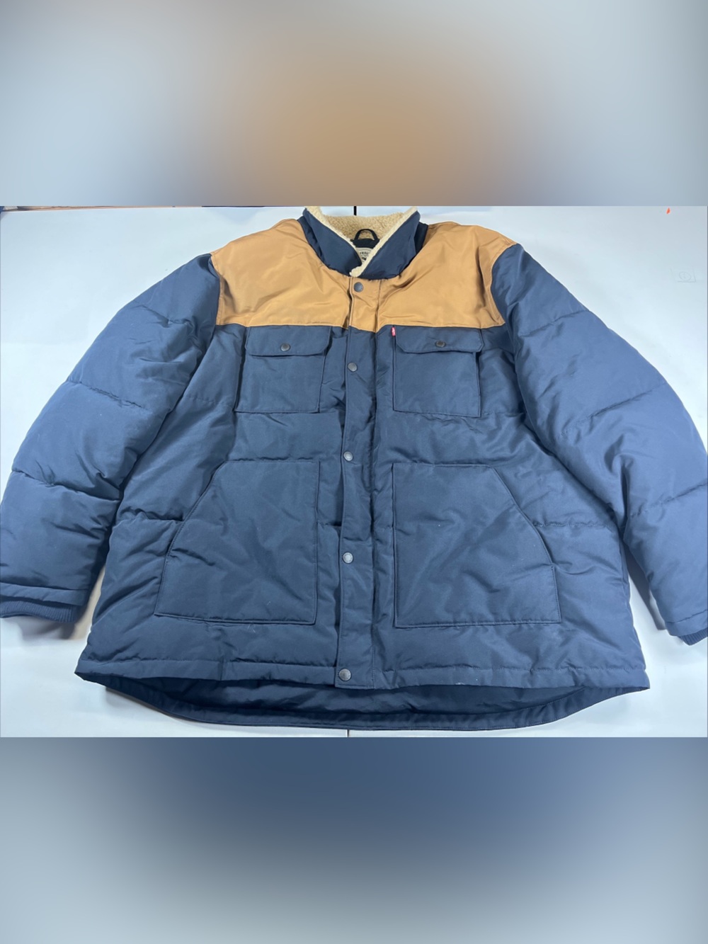 Levi's Puffer Jacket Woodsman Quilted Blue Brown Sherpa Collar Men’s 4XL Tall